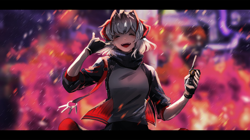 1girl, arknights, black_gloves, blurry, blurry_background, breasts, cake_mogo, closed_eyes