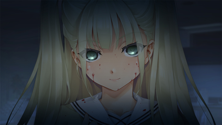 1girl, bangs, bishoujo_mangekyou, blonde_hair, blood, blood_on_face, closed_mouth, collarbone, eyebrows_visible_through_hair, game_cg, green_eyes, hair_between_eyes, happoubi_jin, indoors, kannagi_yuuri, long_hair, looking_at_viewer, portrait, sailor_collar, smile, solo, twintails, white_sailor_collar