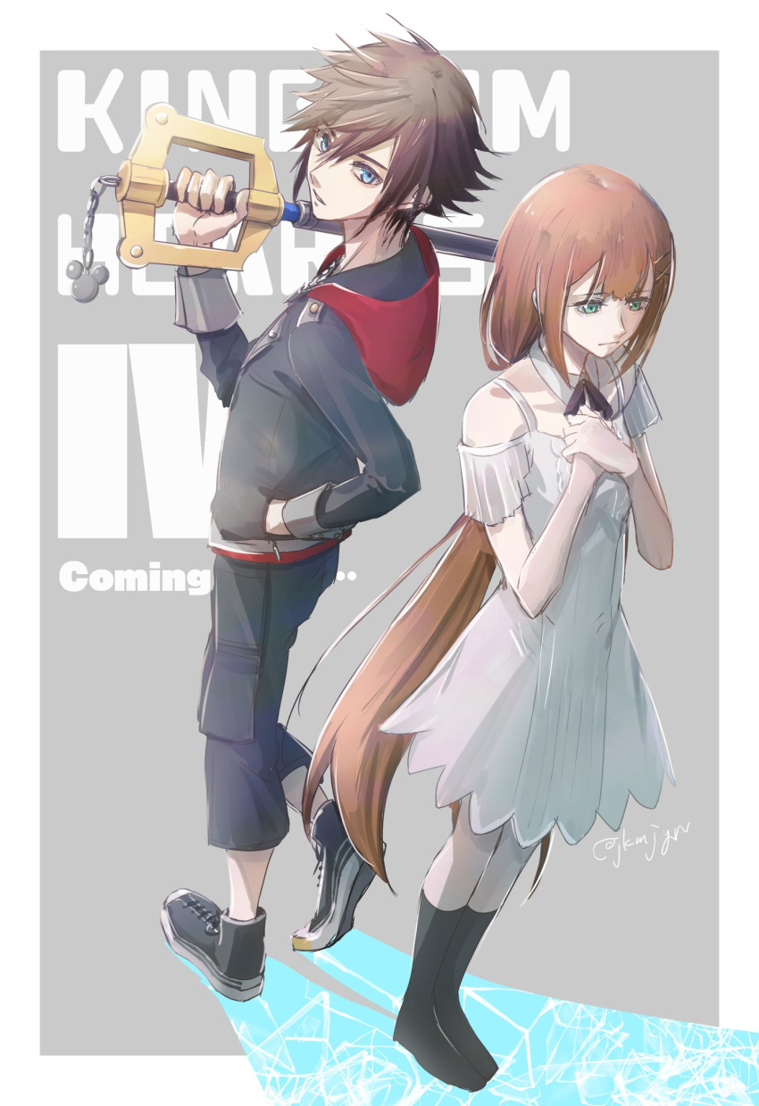 1boy, 1girl, artist_name, bare_shoulders, black_ribbon, blue_eyes, brown_hair, detached_collar