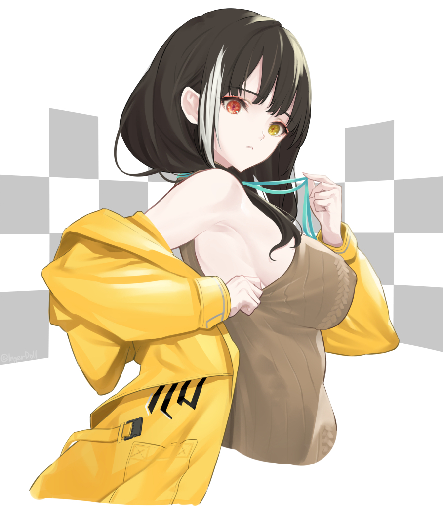1girl, bangs, black_hair, breasts, brown_sweater, closed_mouth, girls_frontline, heterochromia