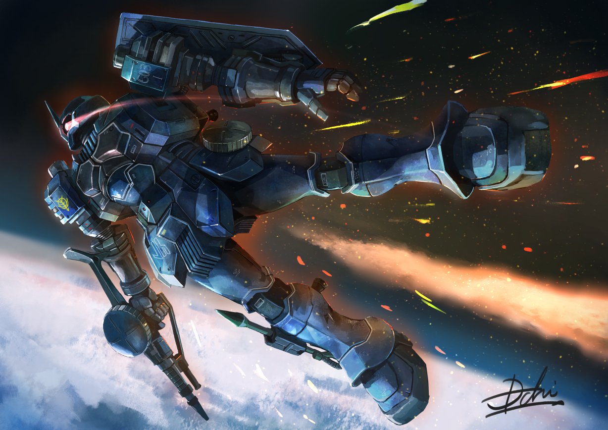 atmospheric_reentry, eye_trail, gun, gundam, gundam_ms_igloo, holding, holding_gun, holding_weapon