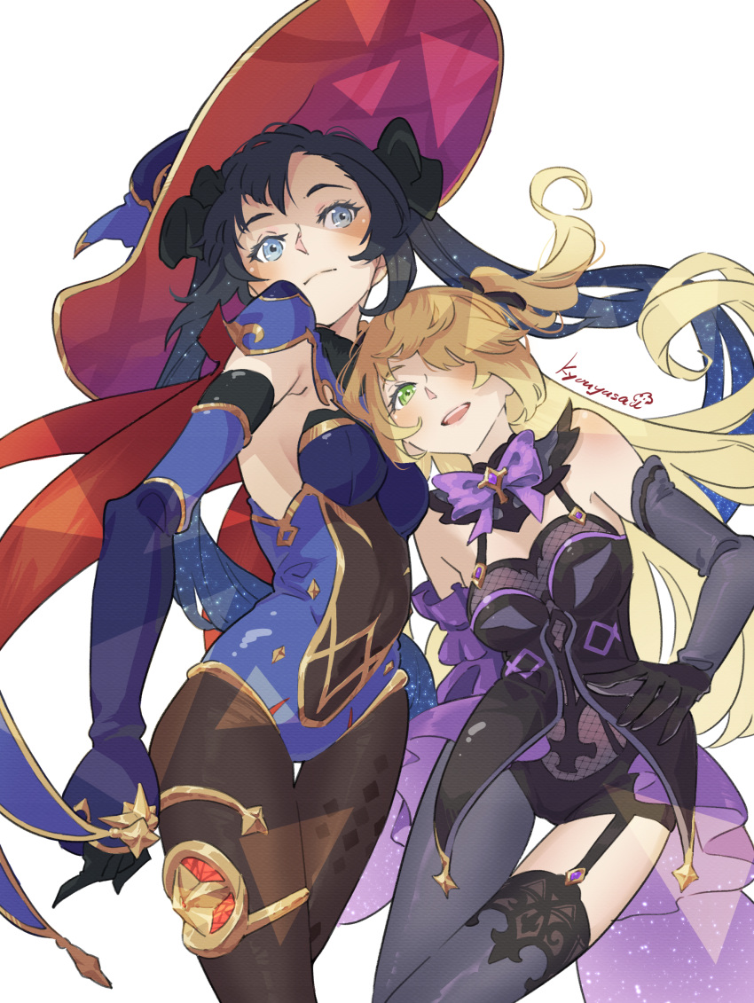 2girls, absurdres, artist_name, black_gloves, black_hair, black_ribbon, blonde_hair, blue_leotard
