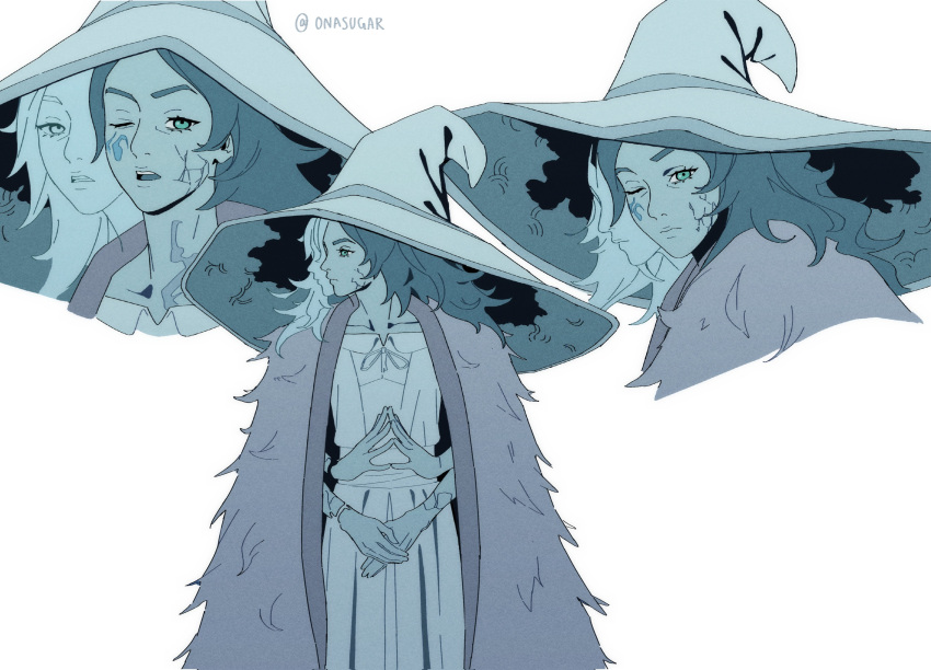 1girl, absurdres, blue_dress, blue_hair, blue_skin, blue_theme, cloak, closed_mouth