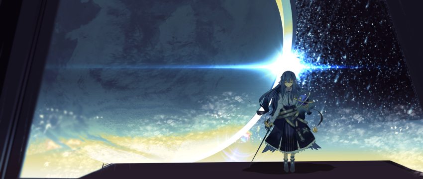 1girl, animal_ears, arknights, astesia_(arknights), bird, bird_ears, blue_ribbon, blue_skirt