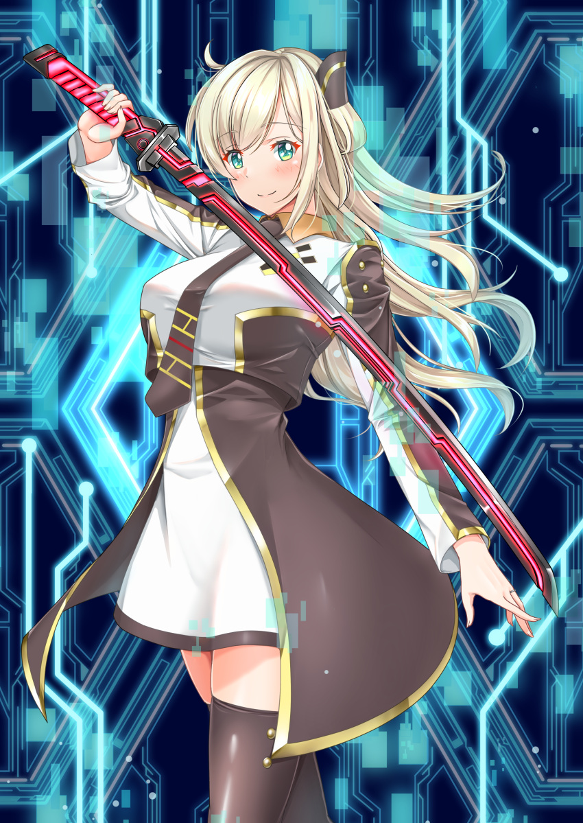 1girl, ahoge, bangs, black_legwear, blonde_hair, commentary_request, duel_monster, full_body, green_hair, highres, holding, holding_sword, holding_weapon, ling_qi, long_hair, long_sleeves, necktie, simple_background, sky_striker_ace_-_raye, solo, standing, sword, thigh-highs, thighs, weapon, white_background, yu-gi-oh!, yuu-gi-ou, zettai_ryouiki