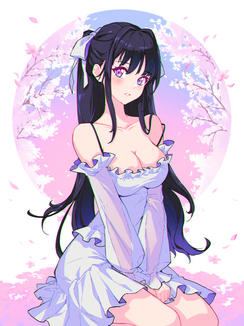 1girl, absurdres, arms_between_legs, bangs, cherry_blossoms, dark_blue_hair, detached_sleeves, dress
