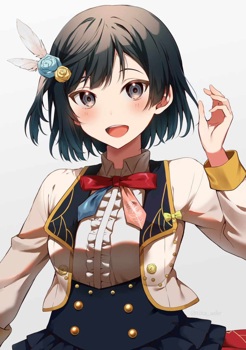 1girl, aiguillette, bangs, black_hair, black_vest, bow, bowtie, breasts, buttons, collared_shirt, cropped_jacket, double-breasted, eyebrows_visible_through_hair, feather_hair_ornament, feathers, flower, frilled_shirt, frills, hair_between_eyes, hair_flower, hair_ornament, hand_up, happy, highres, i'll_protect_your_smile!_(love_live!), idol_clothes, jacket, looking_at_viewer, love_live!, love_live!_nijigasaki_high_school_idol_club, medium_breasts, mia_(fai1510), open_mouth, red_bow, red_bowtie, red_skirt, shirt, short_hair, sidelocks, simple_background, skirt, solo, twitter_username, two-tone_bowtie, upper_body, vest, white_background, white_shirt, yellow_jacket, yuuki_setsuna_(love_live!)