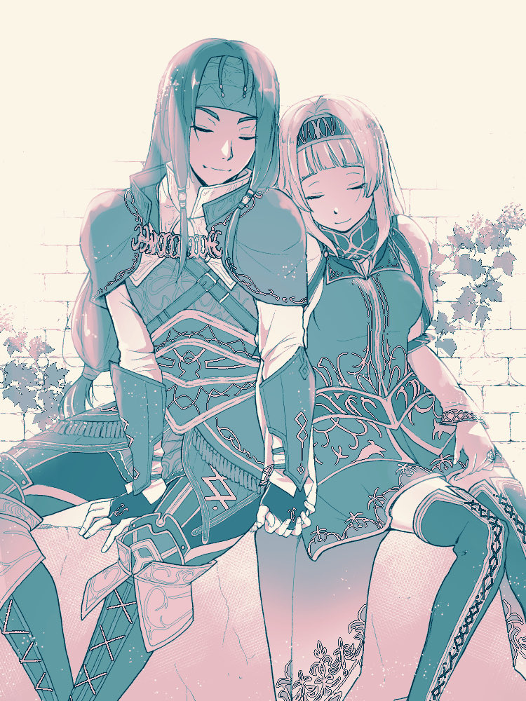 1boy, 1girl, alicia_(valkyrie_profile_2), armor, breasts, closed_eyes, closed_mouth, fingerless_gloves