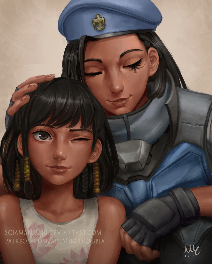 2girls, alternate_hairstyle, ana_(overwatch), armor, artist_name, bangs, bare_shoulders, beret