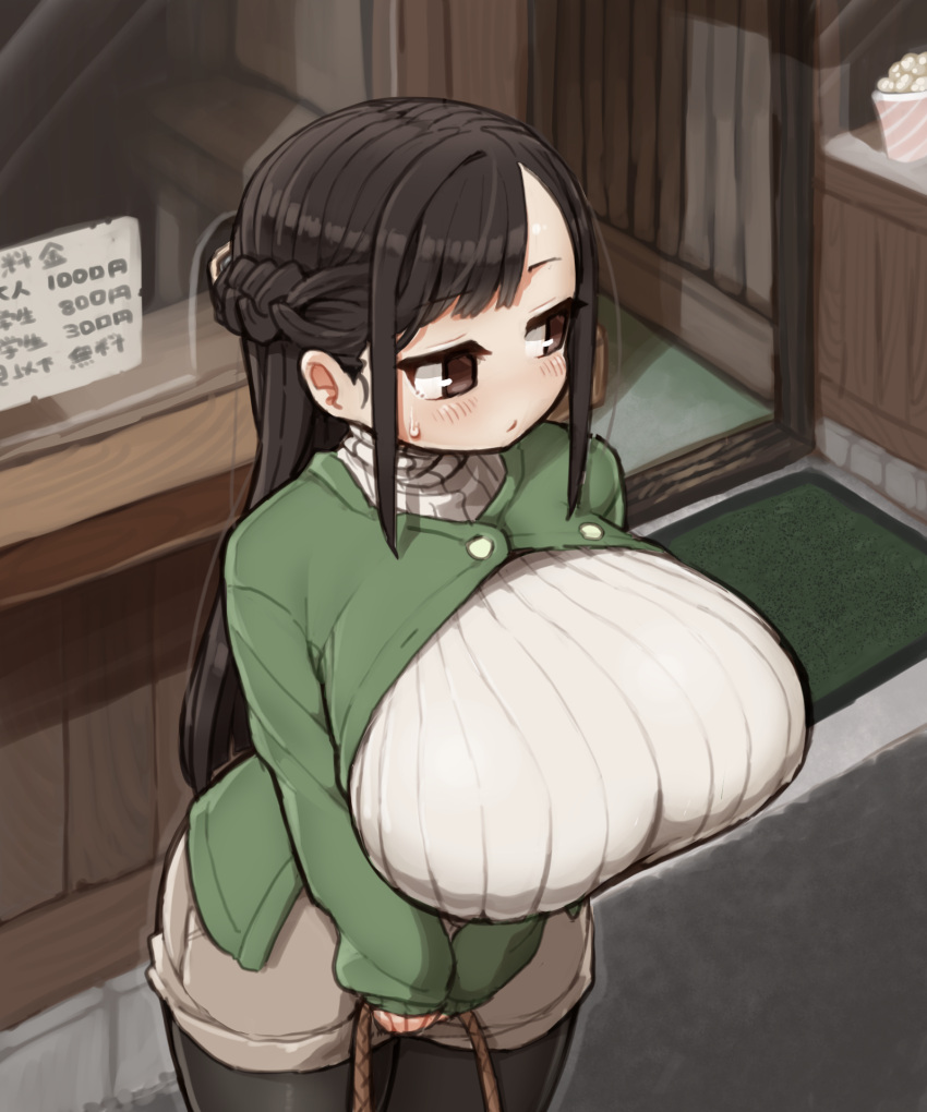 1girl, bag, bangs, black_legwear, blush, braid, breasts, brown_eyes