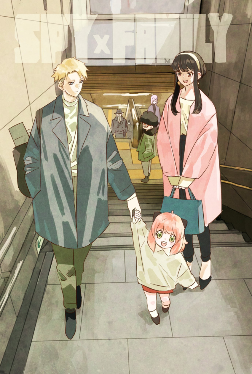 3boys, 3girls, anya_(spy_x_family), black_hair, blonde_hair, copyright_name, dress, earrings