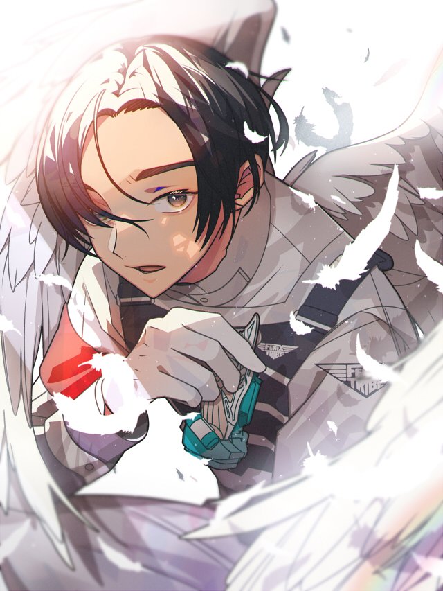 1boy, ahoge, angel_wings, armband, black_hair, chain, commentary_request, eyebrows