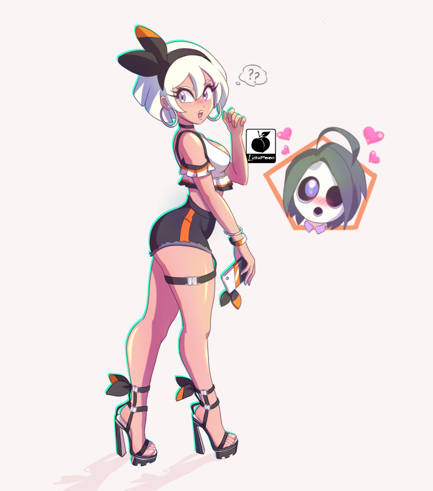 absurdres, adapted_costume, allister_(pokemon), alternate_hair_color, bangs, bea_(pokemon), black_hairband, bow_hairband, cellphone, earrings, grey_eyes, hair_between_eyes, hairband, high_heels, highres, jewelry, linkartoon, phone, pokemon, pokemon_(game), pokemon_swsh, short_hair, simple_background, white_background, white_hair