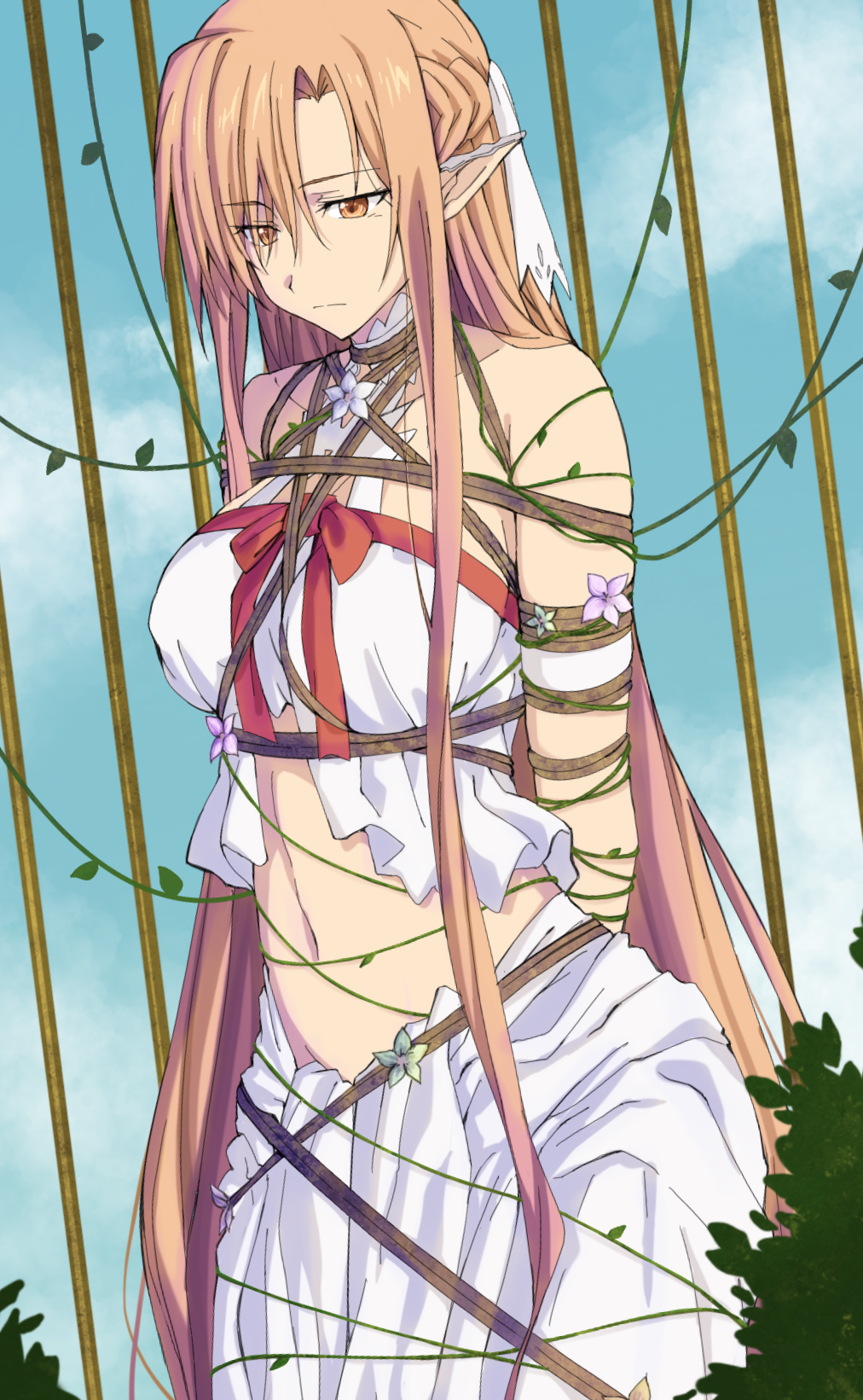 1girl, armpits, arms_behind_back, asuna_(sao), bdsm, bondage, bound, bound_arms, brown_eyes, brown_hair, hao718, highres, long_hair, looking_down, navel, pointy_ears, restrained, sad, solo, sword_art_online, titania_(sao)