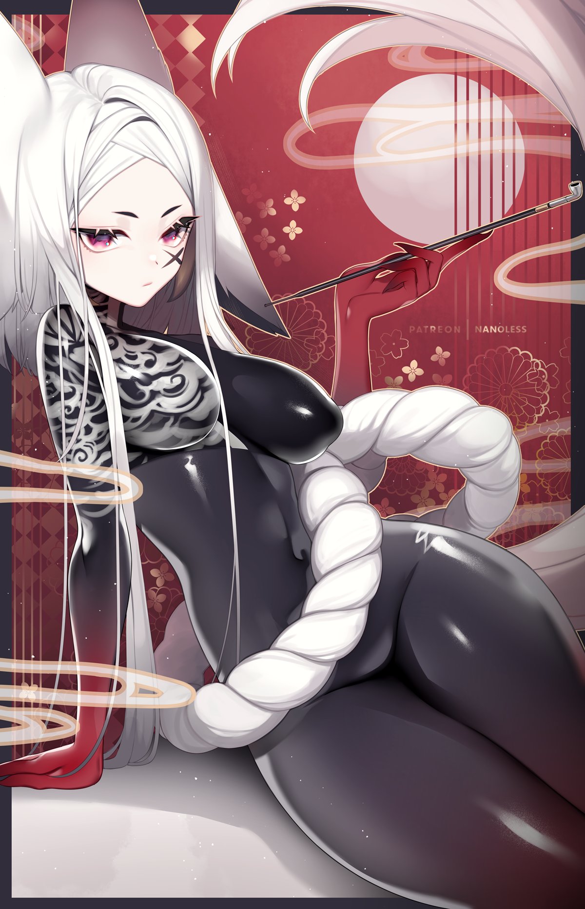 1girl, animal_ears, black_skin, body_markings, bodysuit, breasts, colored_skin, dyarikku_(vtuber)