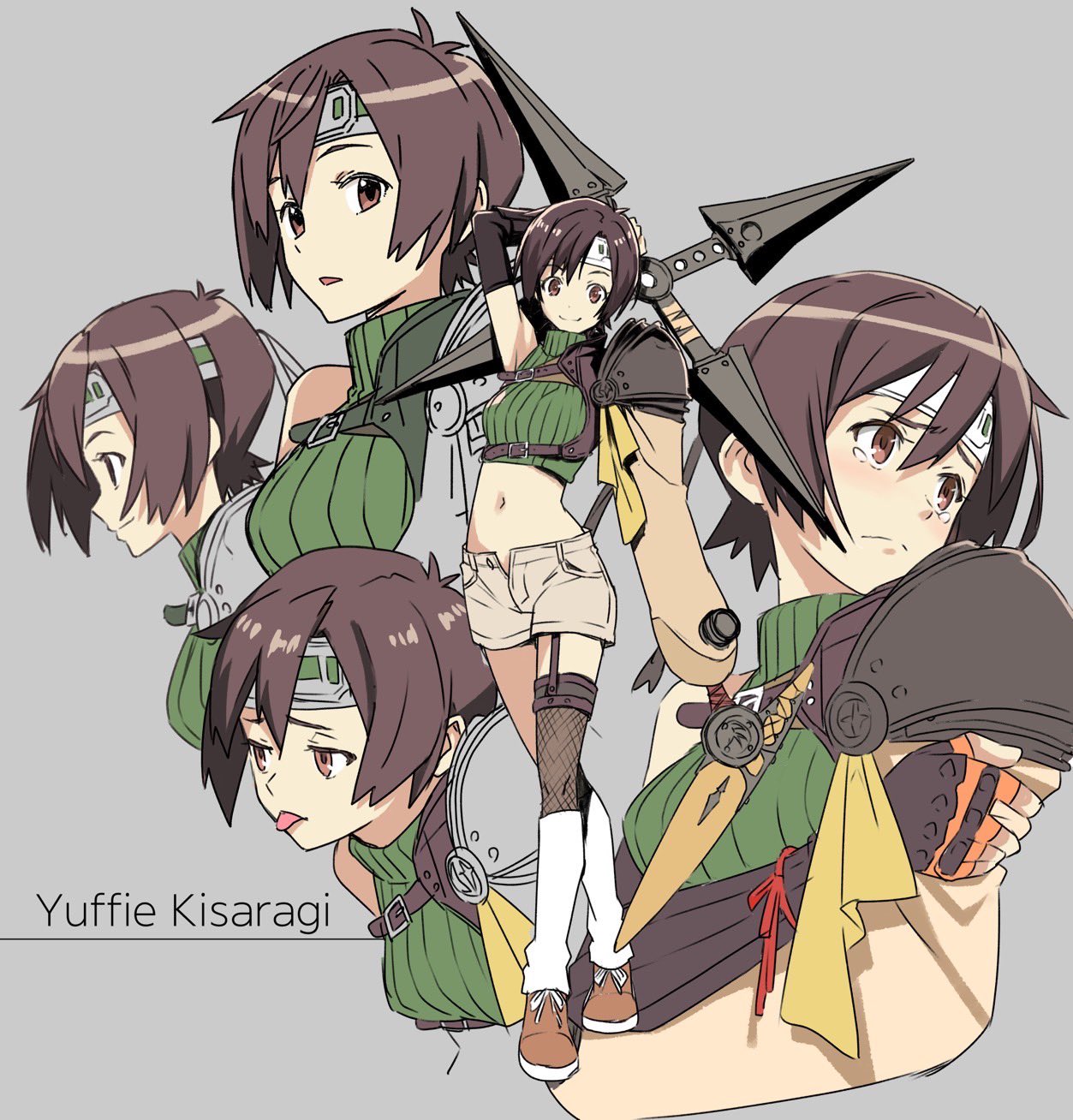 1girl, armor, asymmetrical_clothes, boomerang, brown_hair, cropped_sweater, decoponmagi, final_fantasy