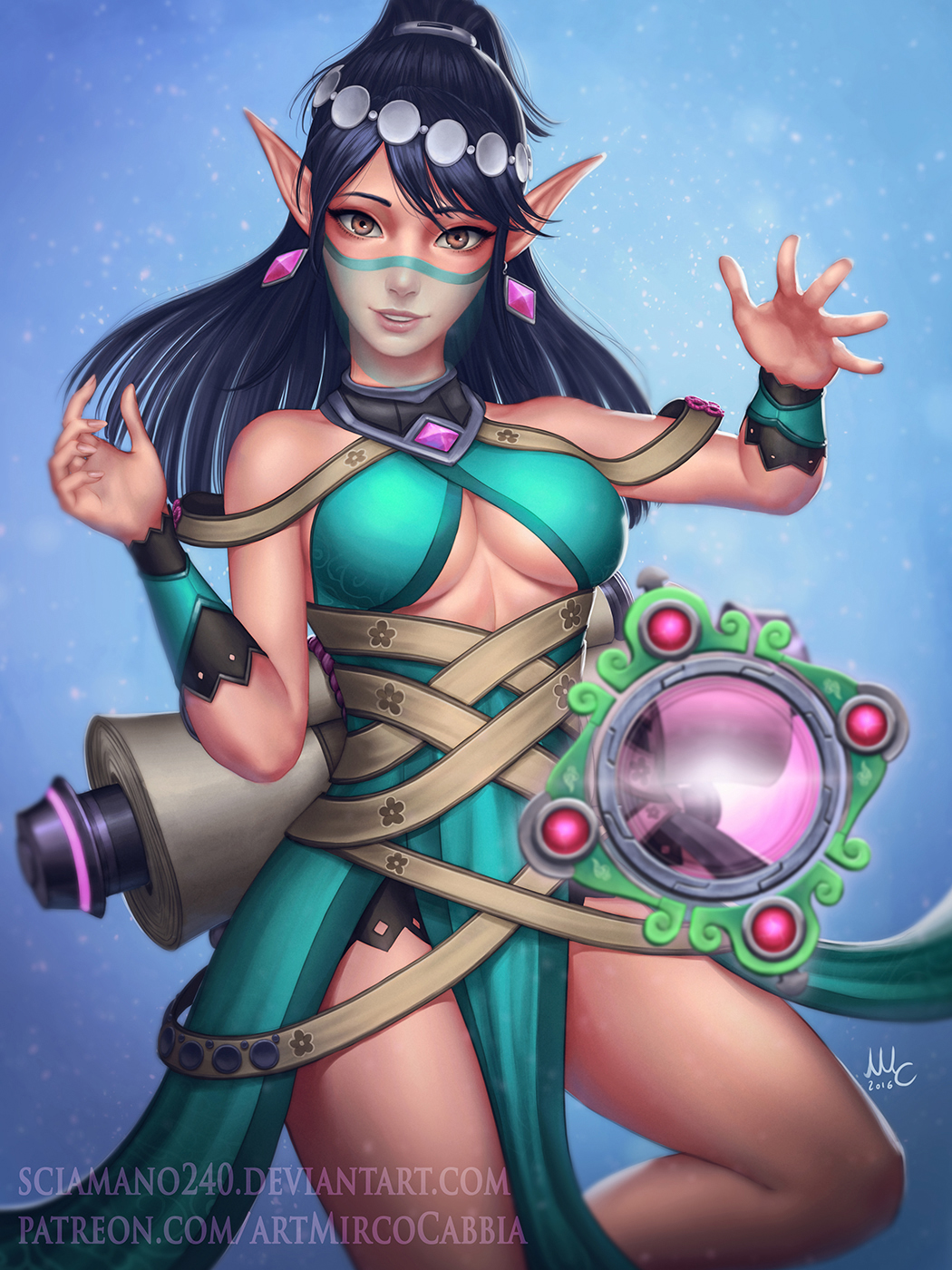 1girl, bare_shoulders, blue_hair, breasts, brown_eyes, commentary, dated, deviantart_username