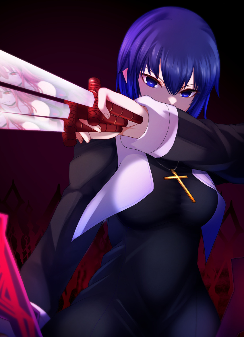 2girls, between_fingers, black_keys_(type-moon), blue_eyes, breasts, ciel_(tsukihime), commentary_request, cross