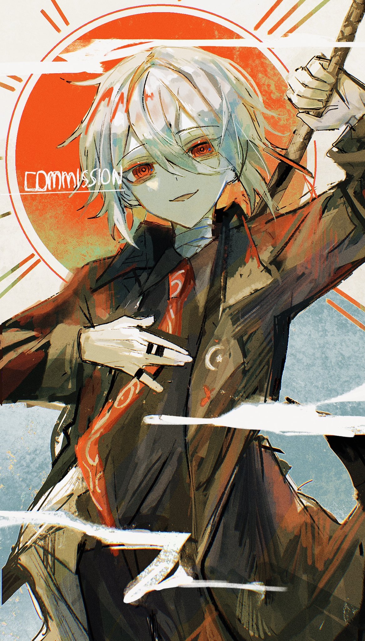 1boy, @_@, arm_up, bandaged_neck, bandages, black_suit, commission, crescent