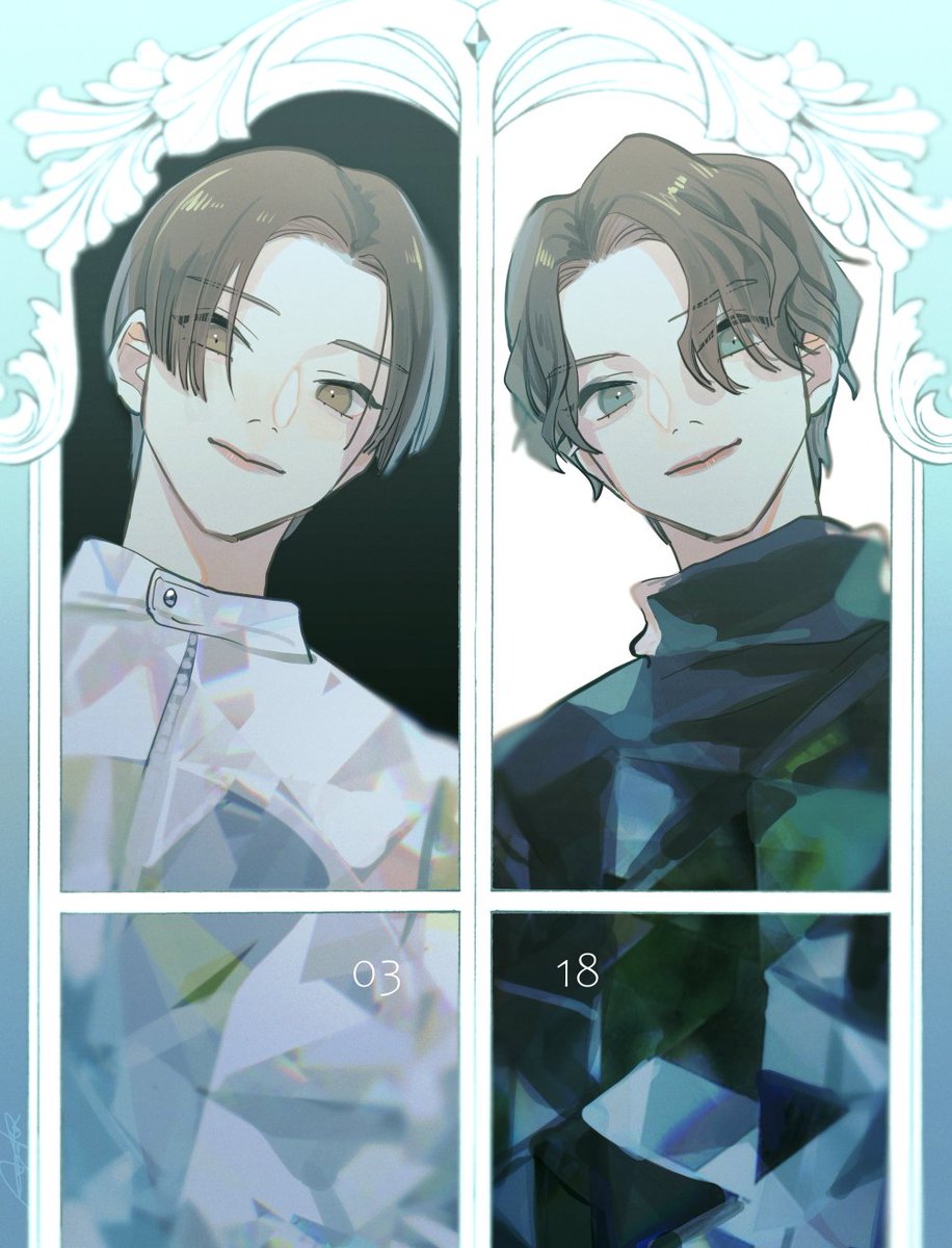 2boys, aqua_eyes, armband, birthday, black_background, black_hair, black_vs_white, darkness, dated, dual_persona, fenix_uniform, hair_over_one_eye, happy_birthday, highres, hyuga_wateru, igarashi_daiji, jacket, kagero_(kamen_rider_revice), kamen_rider, kamen_rider_revice, light, march, military, military_uniform, mirror_image, multiple_boys, real_life, reflection, tkst_ayaka, uniform, white_background, white_jacket, yellow_eyes