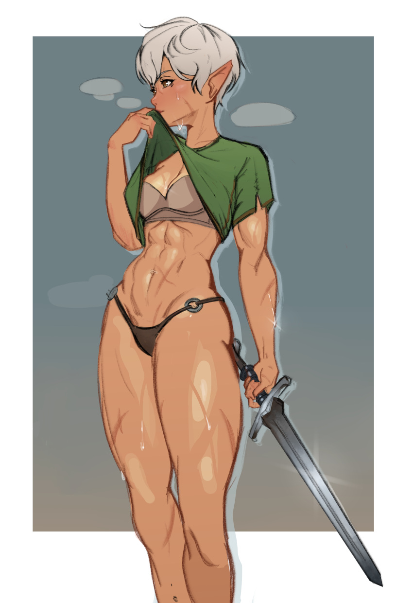 1girl, abs, absurdres, blush, border, bra, brown_eyes, elf, glint, gradient, gradient_background, grey_bra, grey_hair, highres, holding, holding_sword, holding_weapon, mon_eree, muscular, muscular_female, navel, o-ring, original, pointy_ears, scar, scar_on_arm, scar_on_cheek, scar_on_face, scar_on_leg, scar_on_stomach, short_hair, solo, steam, steaming_body, sweat, sword, tan, underwear, warrior, weapon, white_border, wiping_sweat