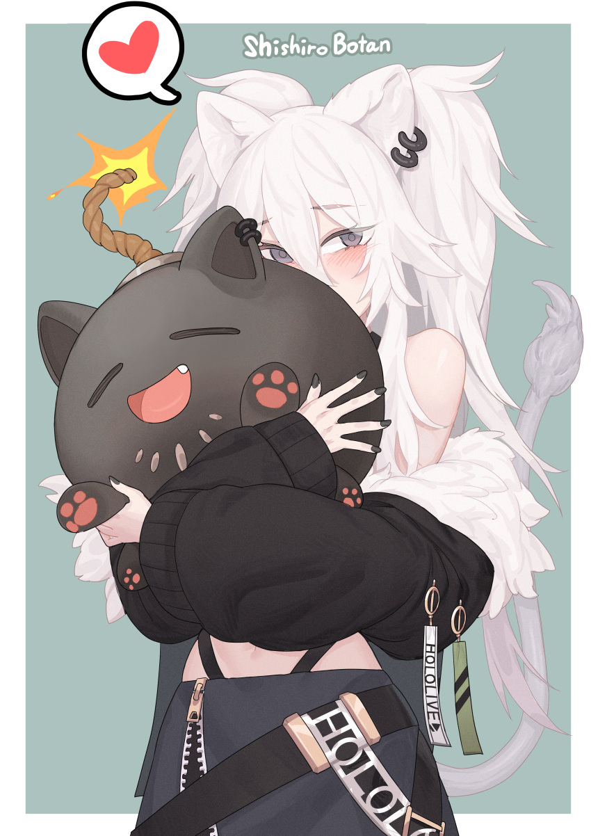 1girl, absurdres, animal_hug, bangs, black_jacket, black_nails, black_skirt, blush, character_name, ear_piercing, eyebrows_visible_through_hair, fur-trimmed_jacket, fur_trim, grey_eyes, hair_between_eyes, heart, highres, hololive, jacket, lion_girl, lion_tail, lips, long_hair, looking_at_viewer, nail_polish, orangefox, piercing, shishiro_botan, simple_background, skirt, solo, spoken_heart, ssrb, tail, twintails, virtual_youtuber, white_hair