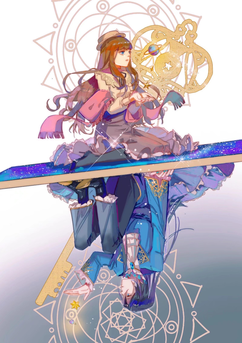 1boy, 1girl, angel, black_footwear, black_hair, blue_eyes, blue_jacket, blue_pants