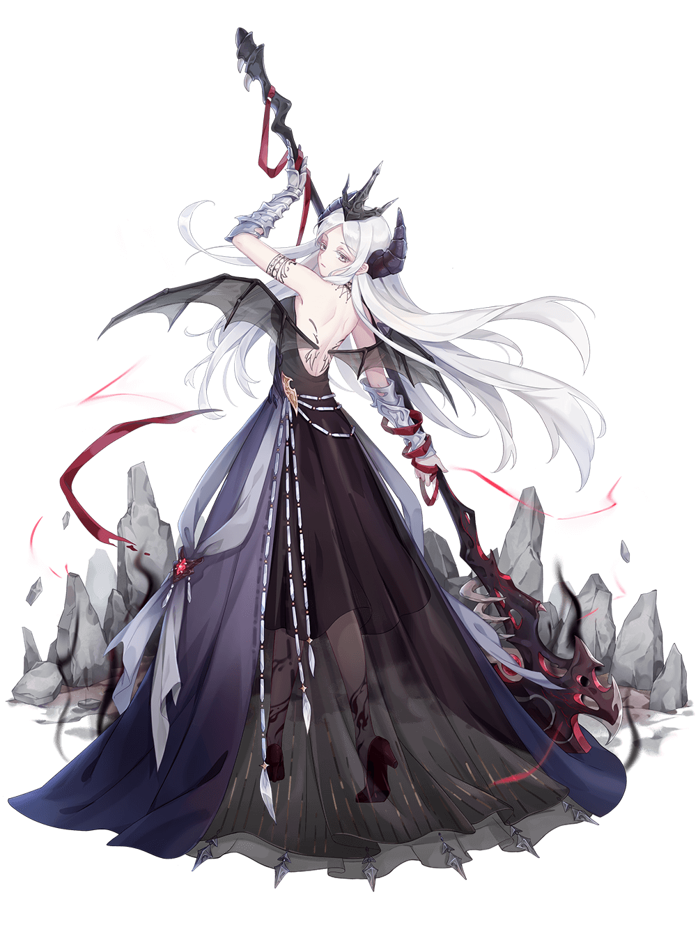 1girl, arm_tattoo, arm_up, back_tattoo, backless_dress, backless_outfit, bangs, bat_wings