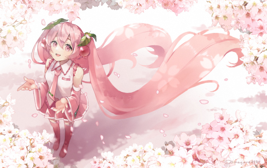 1girl, :d, absurdly_long_hair, bangs, binchou_maguro, boots, breasts, cherry_blossoms