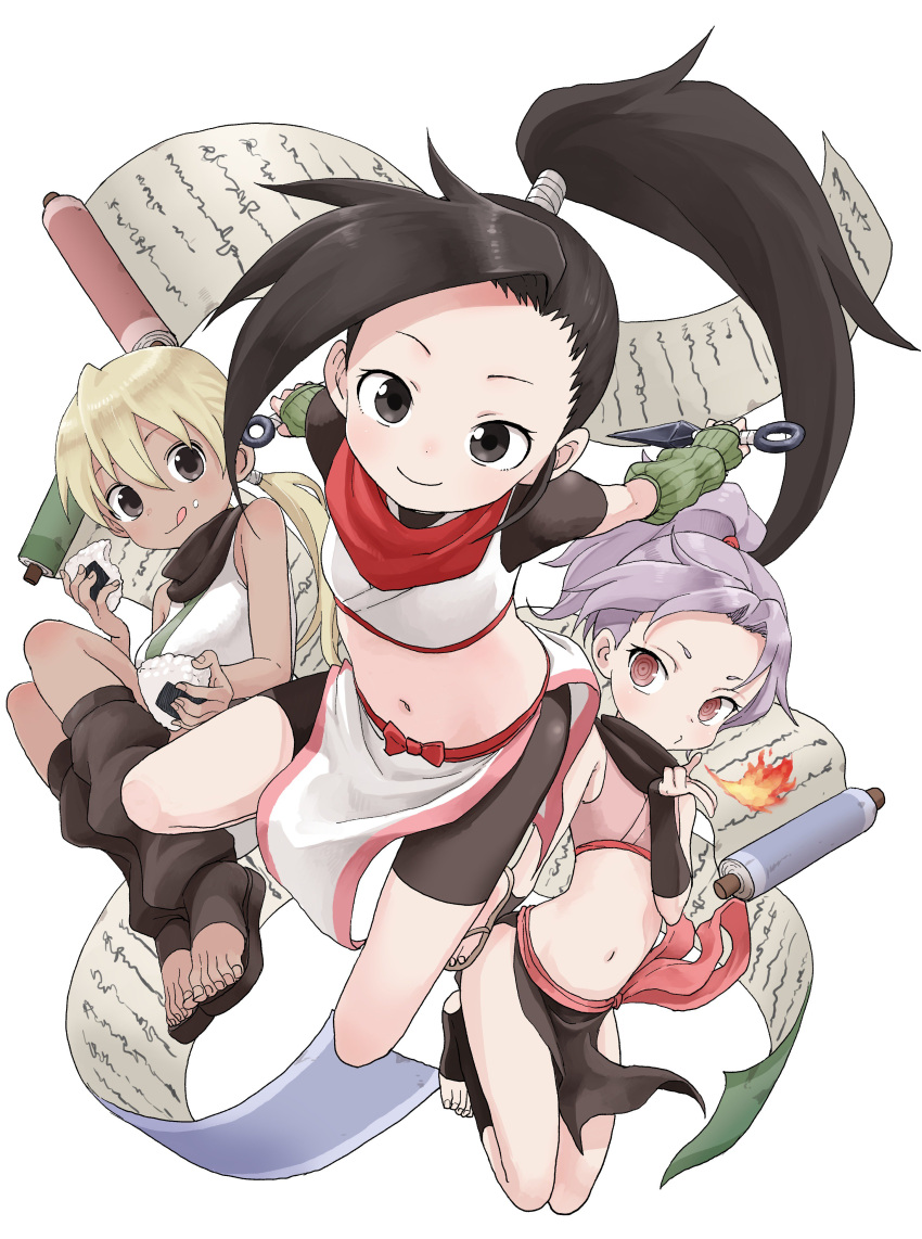 3girls, :q, absurdres, asagao_(kunoichi_tsubaki_no_mune_no_uchi), bangs, black_footwear, black_gloves, black_hair
