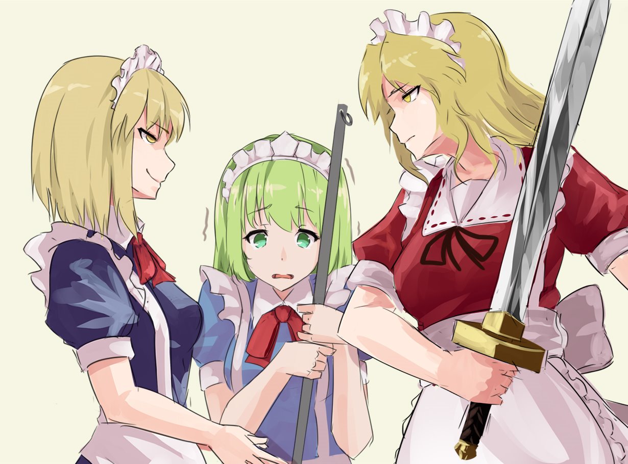 3girls, apron, ascot, back_bow, bangs, black_ribbon, blonde_hair, blue_dress