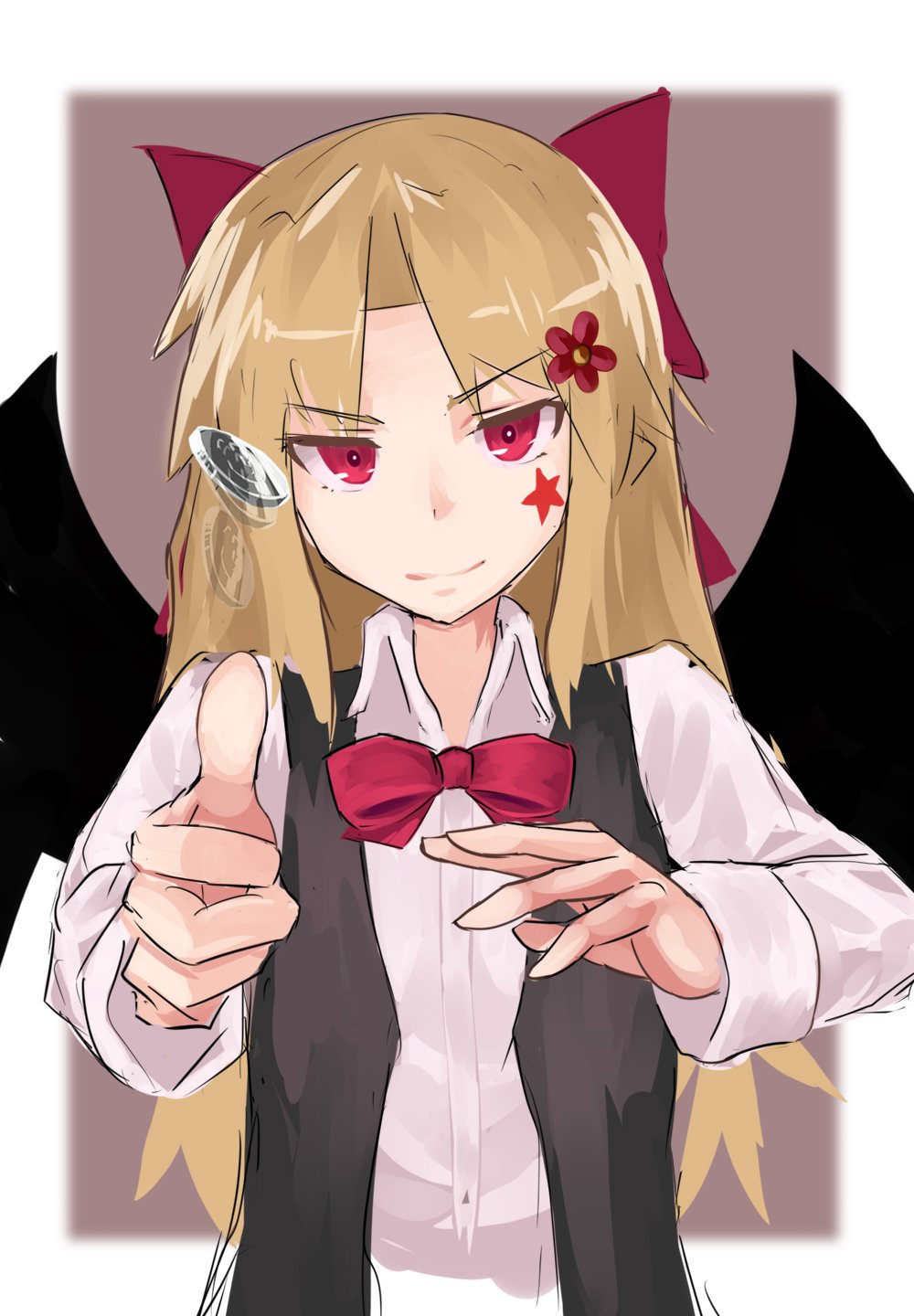 1girl, bat_girl, bat_wings, black_vest, blonde_hair, border, bow, bowtie