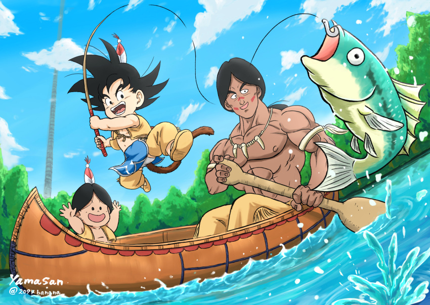 2094banana, 3boys, black_hair, boat, bone_necklace, bora_(dragon_ball), character_request, clouds, cloudy_sky, commentary_request, dark-skinned_male, dark_skin, day, dragon_ball, dragon_ball_(classic), fantasy, father_and_son, feather_hair, fish, fishing, fishing_hook, fishing_line, fishing_rod, highres, holding, holding_fishing_rod, jumping, looking_at_viewer, male_focus, monkey_tail, multiple_boys, muscular, muscular_male, open_mouth, outdoors, paddle, sitting, sky, smile, son_goku, spiky_hair, tail, topless_male, tower, tree, upa_(dragon_ball), water, watercraft