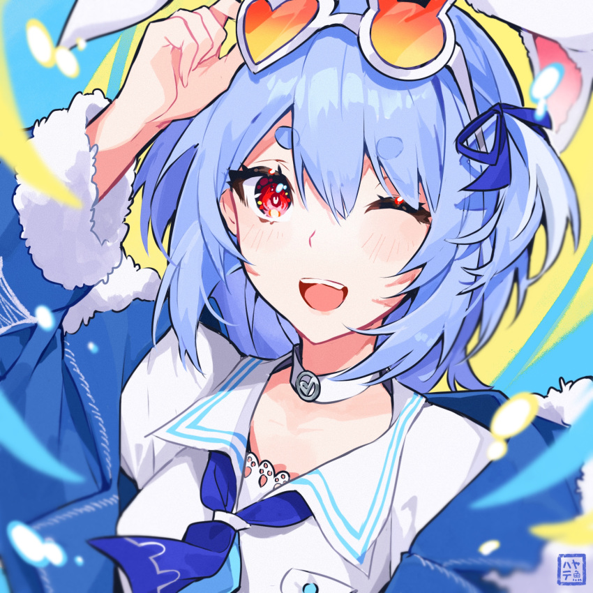 1girl, ;d, animal_ears, arm_up, bangs, blue_hair, blue_jacket, blue_neckwear