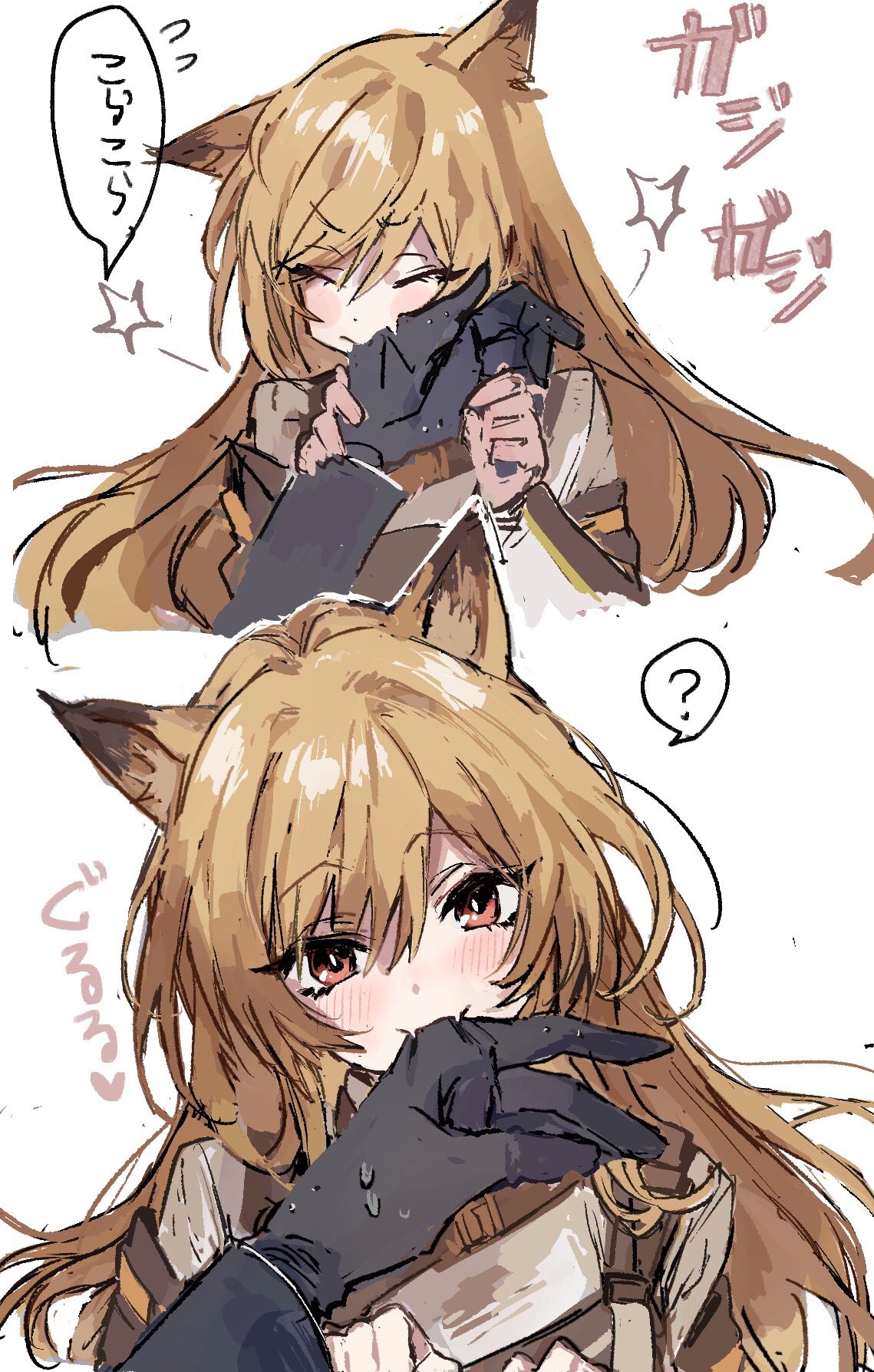 1boy, 1girl, ?, animal_ears, arknights, biting, black_gloves, brown_hair