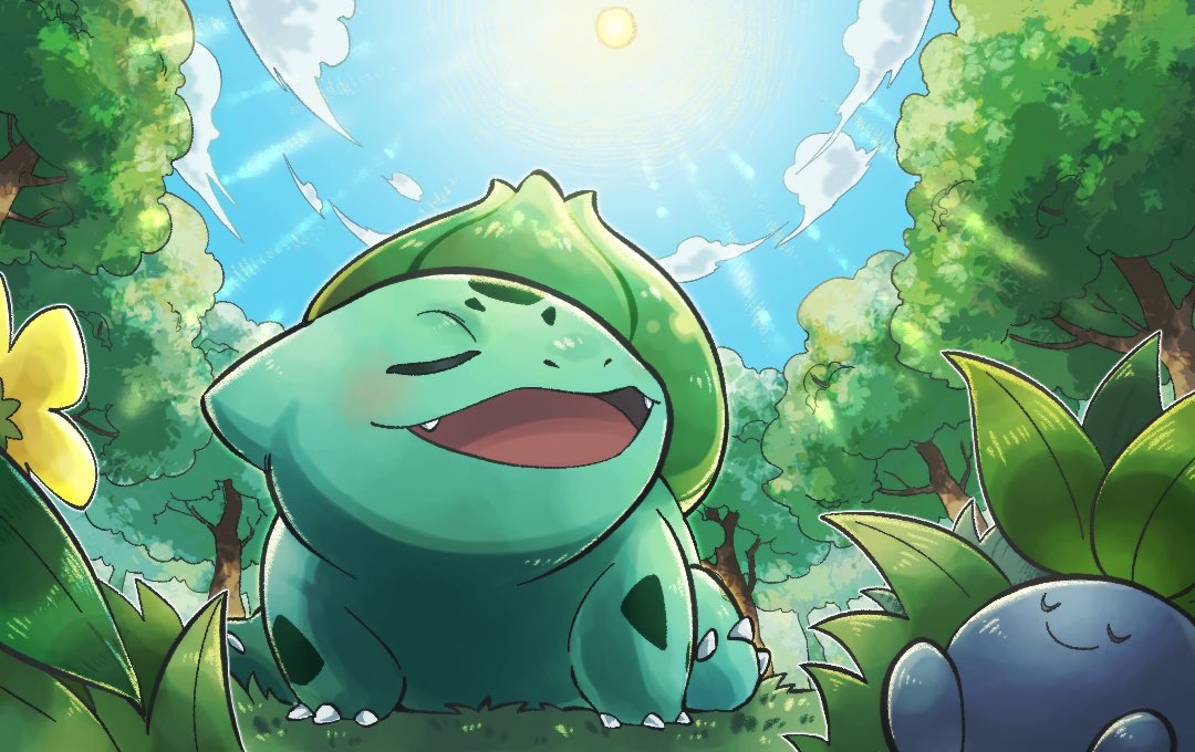 :d, blush, bulbasaur, claws, closed_eyes, clouds, commentary_request, day