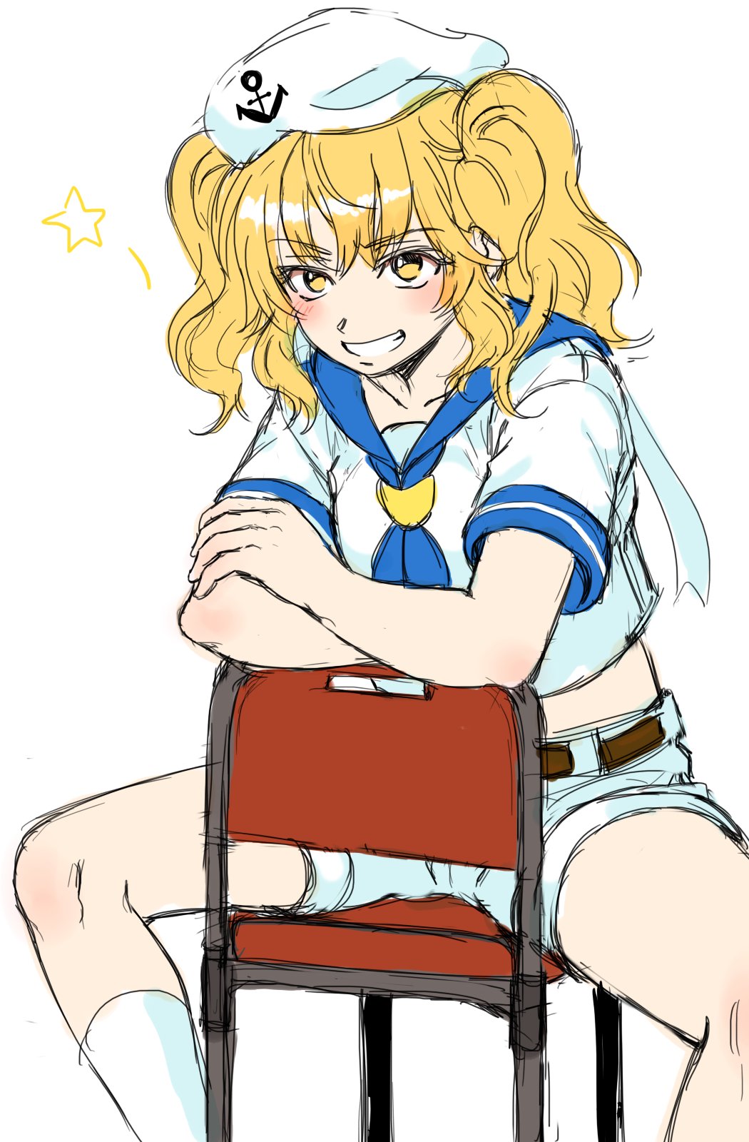 1girl, anchor_symbol, belt, blonde_hair, blue_neckerchief, blue_sailor_collar, blush, brown_belt, chair, green_eyes, hat, highres, kitashirakawa_chiyuri, kneehighs, kuya_(hey36253625), midriff, neckerchief, sailor, sailor_collar, sailor_hat, sailor_shirt, shirt, short_sleeves, shorts, simple_background, sitting, sitting_backwards, sketch, star_(symbol), touhou, touhou_(pc-98), twintails, two_side_up, white_background, white_headwear, white_legwear, white_shirt, white_shorts, yellow_eyes