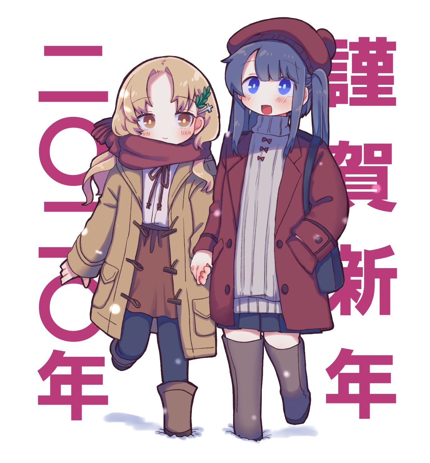 2girls, adapted_costume, bag, beret, black_bag, black_skirt, blonde_hair, blue_eyes