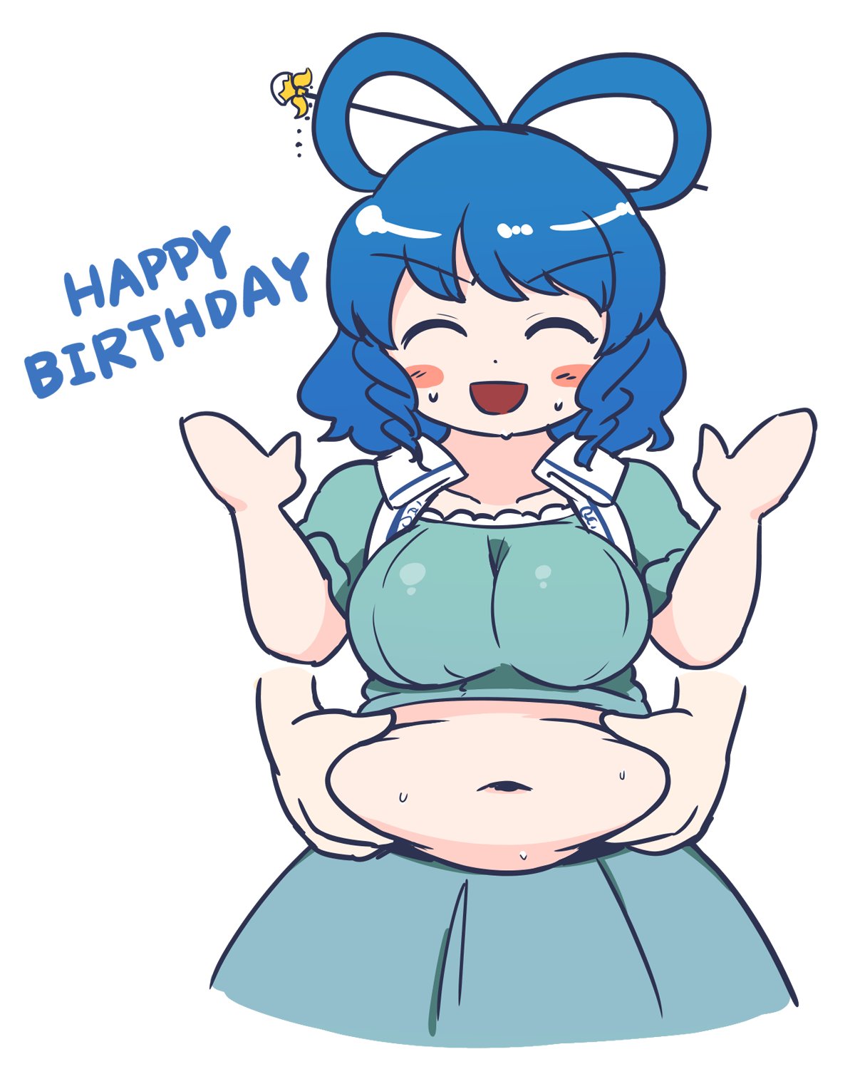 1girl, :d, belly, blue_hair, blush, blush_stickers, breasts, closed_eyes