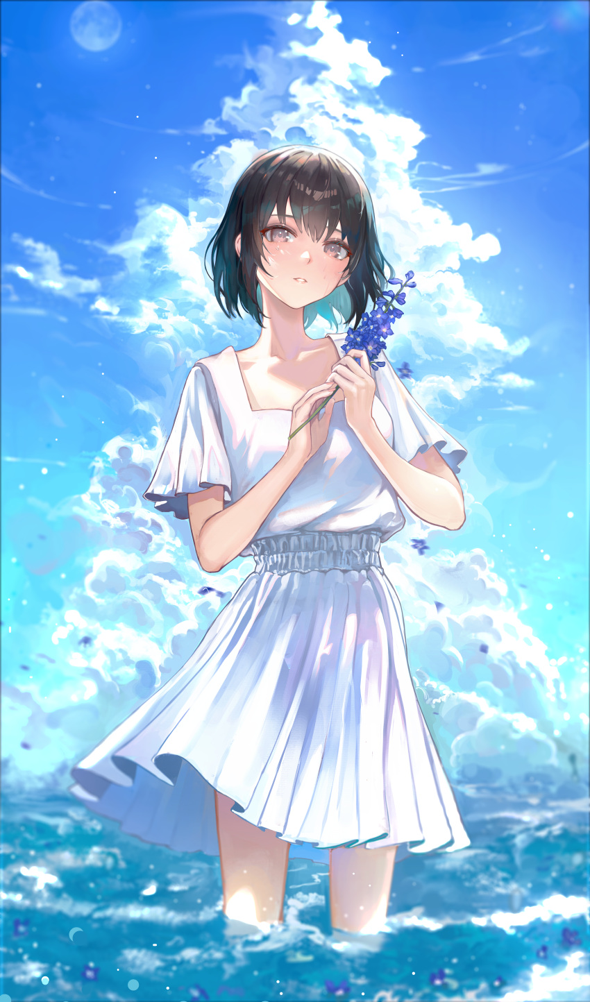 1girl, absurdres, bangs, black_hair, clouds, dress, flower, grey_eyes