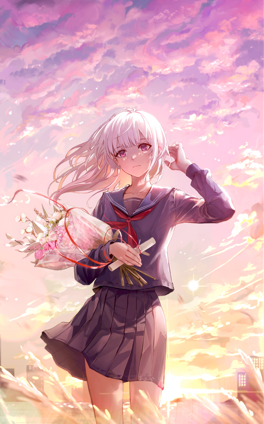 1girl, absurdres, blouse, bouquet, closed_mouth, clouds, cowboy_shot, feet_out_of_frame