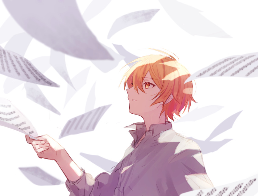 1boy, 32_oogawa, backlighting, blurry, collared_shirt, depth_of_field, dress_shirt, expressionless