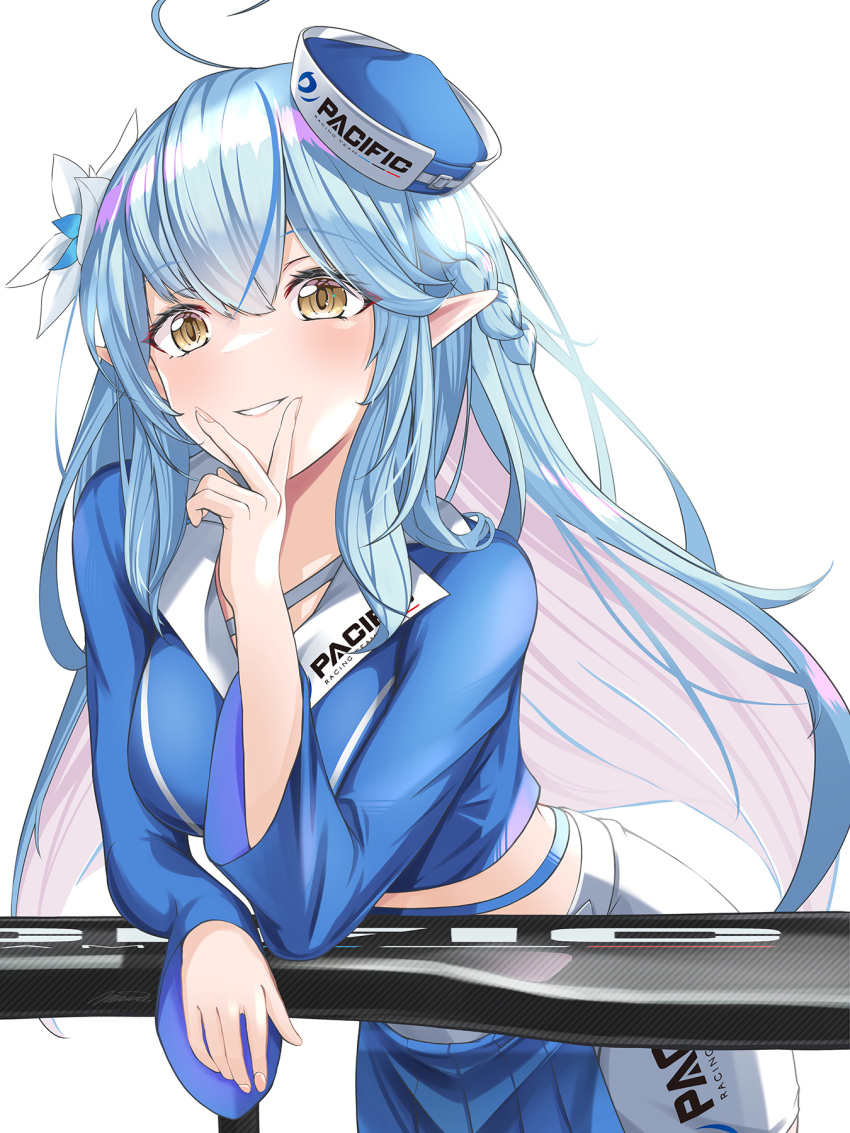 1girl, ahoge, blue_hair, commentary_request, flower, grin, hair_flower, hair_ornament
