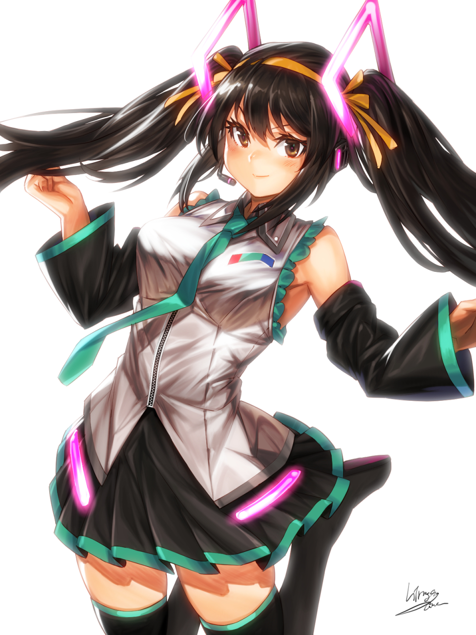 1girl, alternate_hair_length, alternate_hairstyle, aqua_necktie, bangs, black_legwear, black_skirt, blush