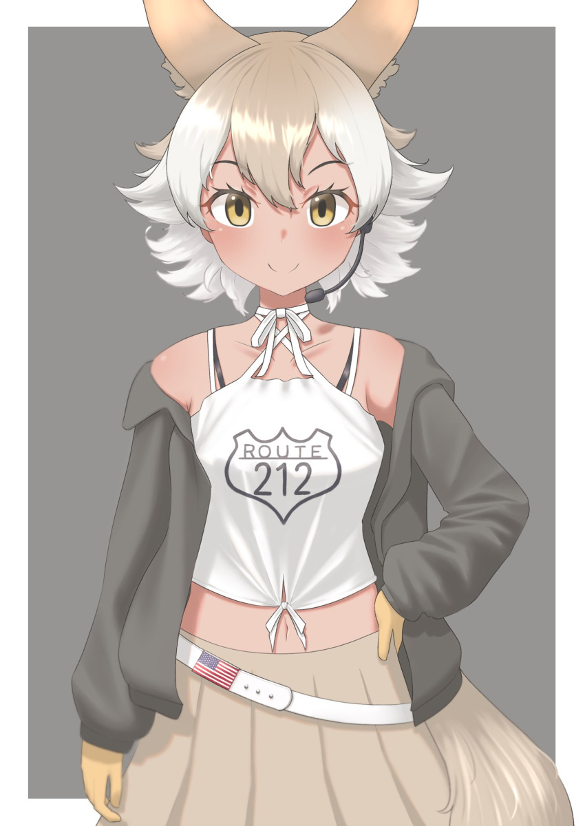 animal_ears, arfox10, black_jacket, blonde_hair, coyote, coyote_(kemono_friends), coyote_girl, coyote_tail