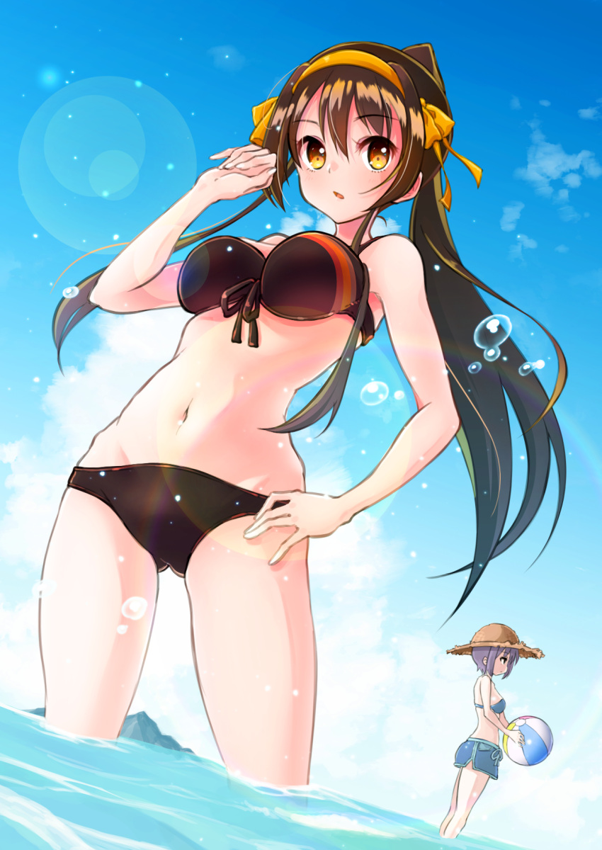 2girls, alternate_hair_length, alternate_hairstyle, ball, bangs, beach, beachball, bikini