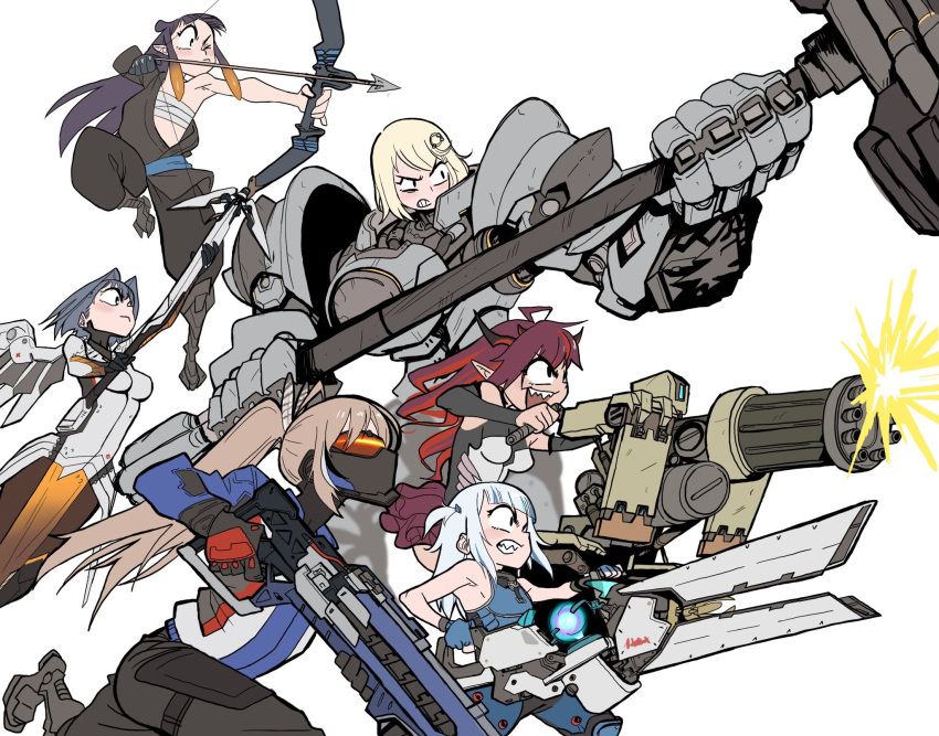 6+girls, ahoge, armor, arrow_(projectile), bastion_(overwatch), blonde_hair, blue_hair, bow_(weapon)