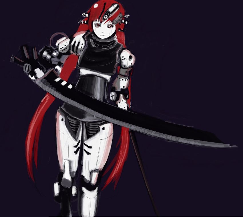1girl, amacalva, arm_blade, black_sclera, blame!, colored_sclera, colored_skin, cyberpunk, feet_out_of_frame, highres, holding, holding_sword, holding_weapon, humanoid_robot, long_hair, looking_at_viewer, maeve_(blame!), mechanical_arms, mechanical_legs, mechanical_parts, multicolored_eyes, red_eyes, redhead, robot, science_fiction, silicon_creature, standing, sword, twintails, very_long_hair, weapon, white_armor, white_eyes, white_skin