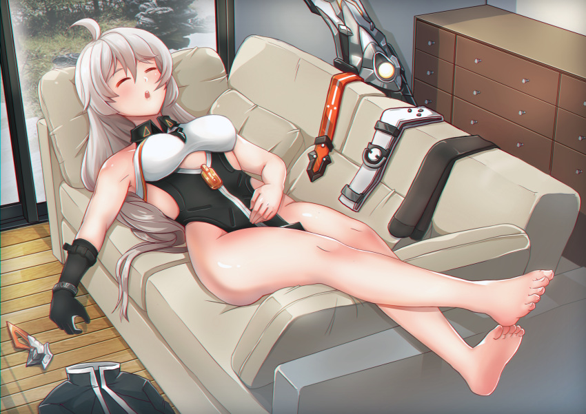 1girl, bangs, barefoot, black_gloves, breasts, cabinet, cat_box, closed_eyes