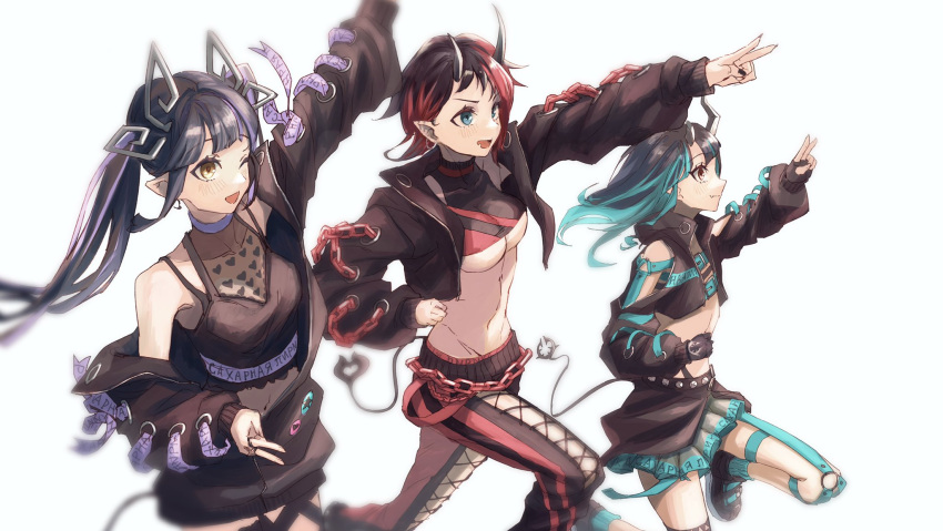 3girls, arm_up, asymmetrical_gloves, bangs, belt, beltbra, black_footwear, black_gloves